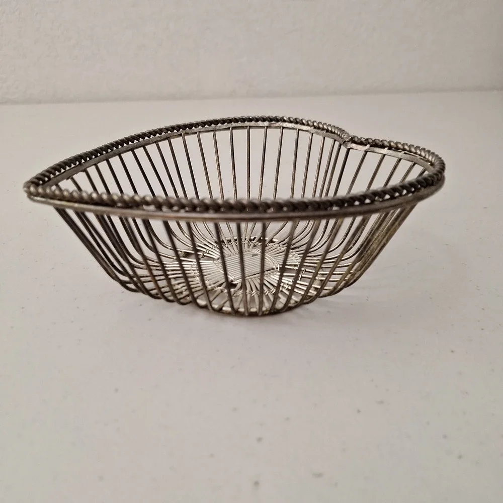 Vintage MCM Heavy Pewter Wire Basket Heart Abstract Metal Handmade Petina 6.5